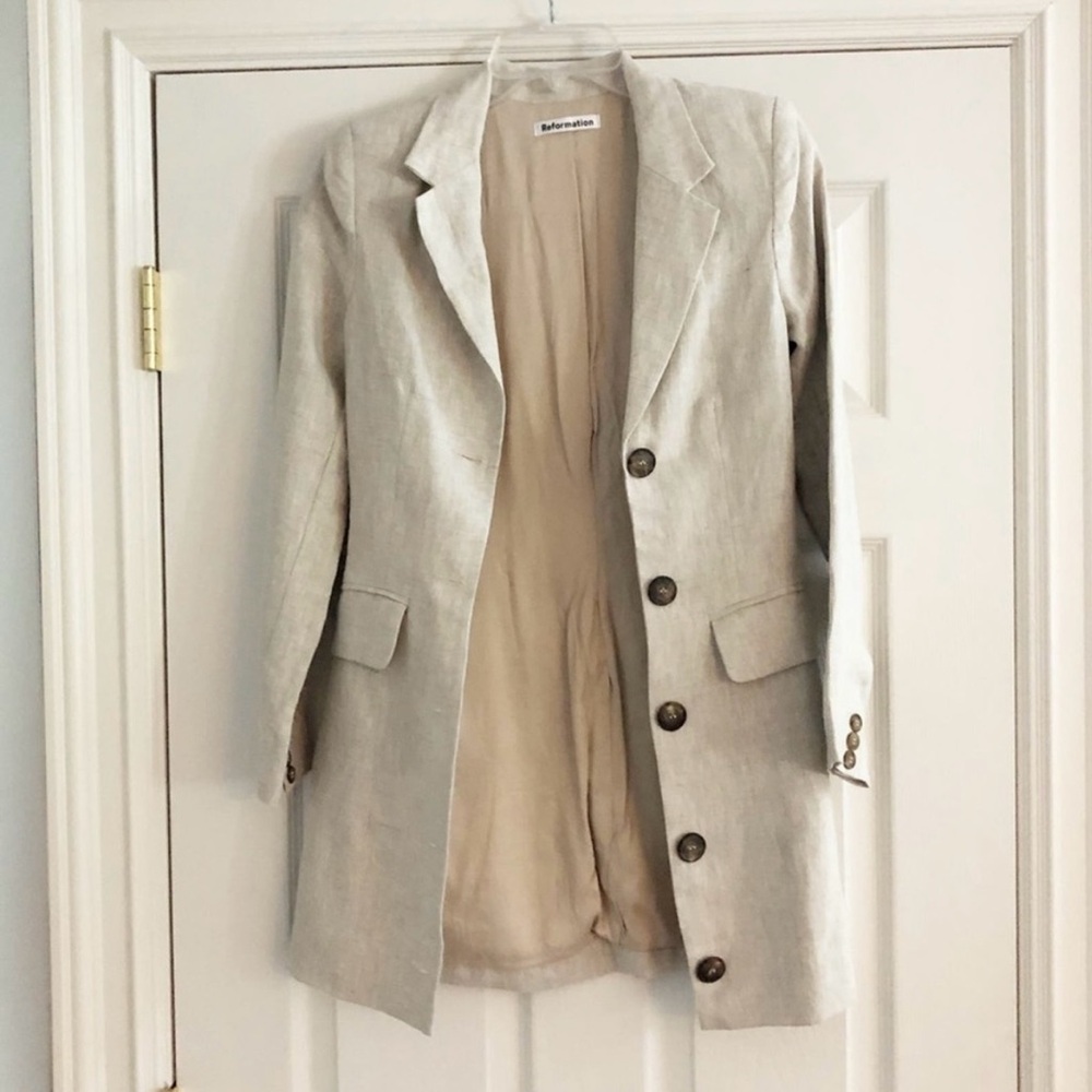 Reformation Linen Blazer Mini Dress AARON Oatmeal Designer Classic Fitted Beige